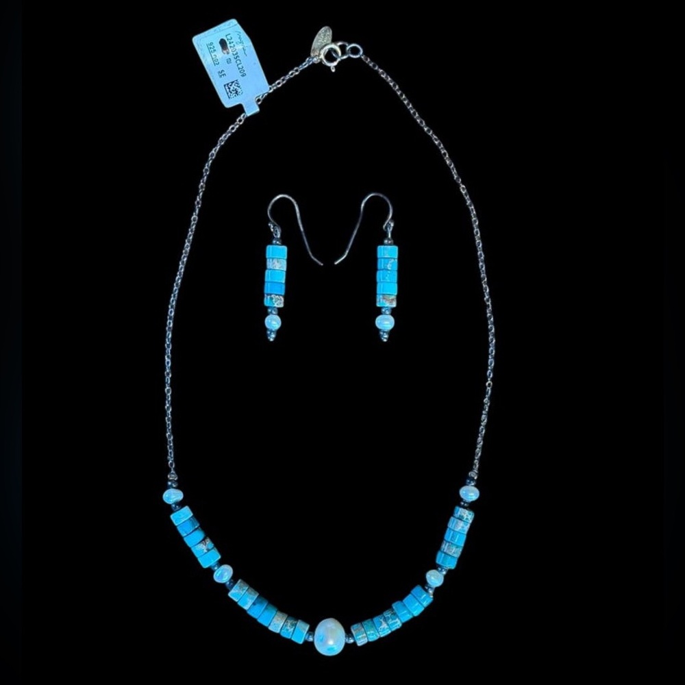 Magnolia 925 Sterling Silver necklace and earring set - turquoise and pearls